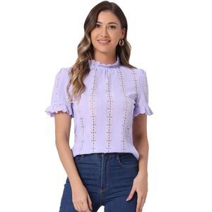 Crochet Eyelet Top Mock Neck Puff Sleeve Ruffle Embroidery Blouse Light Purple